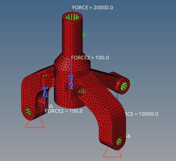 Steering knuckle FEA mesh with applied force and constraint annotations